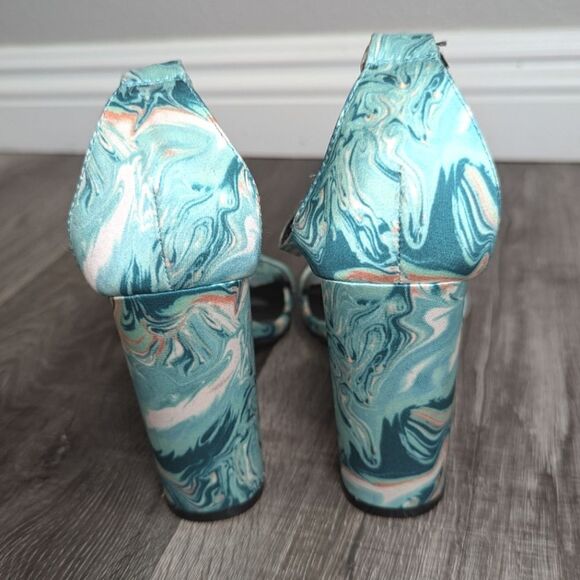 Charlotte Russe Aqua teal swirl satin strappy ankle block sandal heels womens 7 - Picture 5 of 6